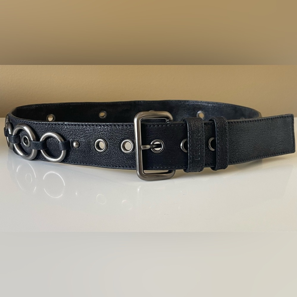 PRADA Black Leather Belt with Dark Silver Buckle and Metal Circle Accents - Picture 4 of 11